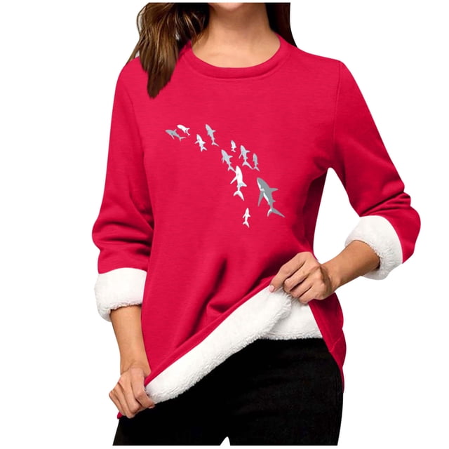 Haut en Polaire d'Hiver pour Femmes, Chemise à Manches Longues Imprimée Col Rond, Couche de Base Chaude en Polaire Douce pour Tenue Décontractée