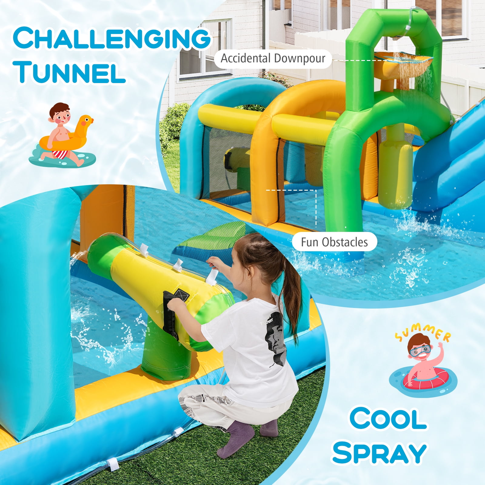 Gymax Inflatable Water Slide w/Splash Pool Climbing Wall Football Goal 750W Blower