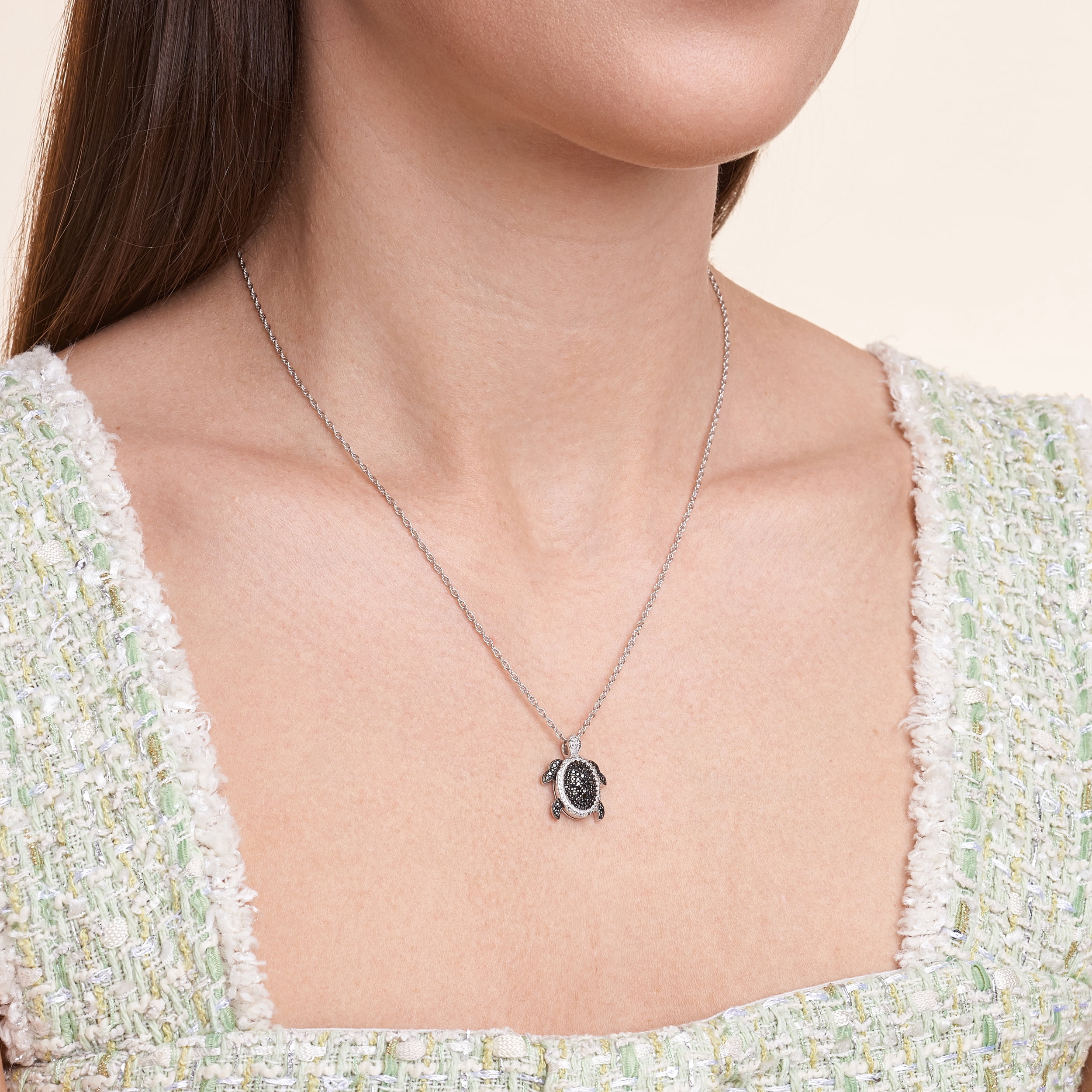 Forever Facets Black and White Diamond Turtle Pendant Necklace in Sterling Silver, Adult Female