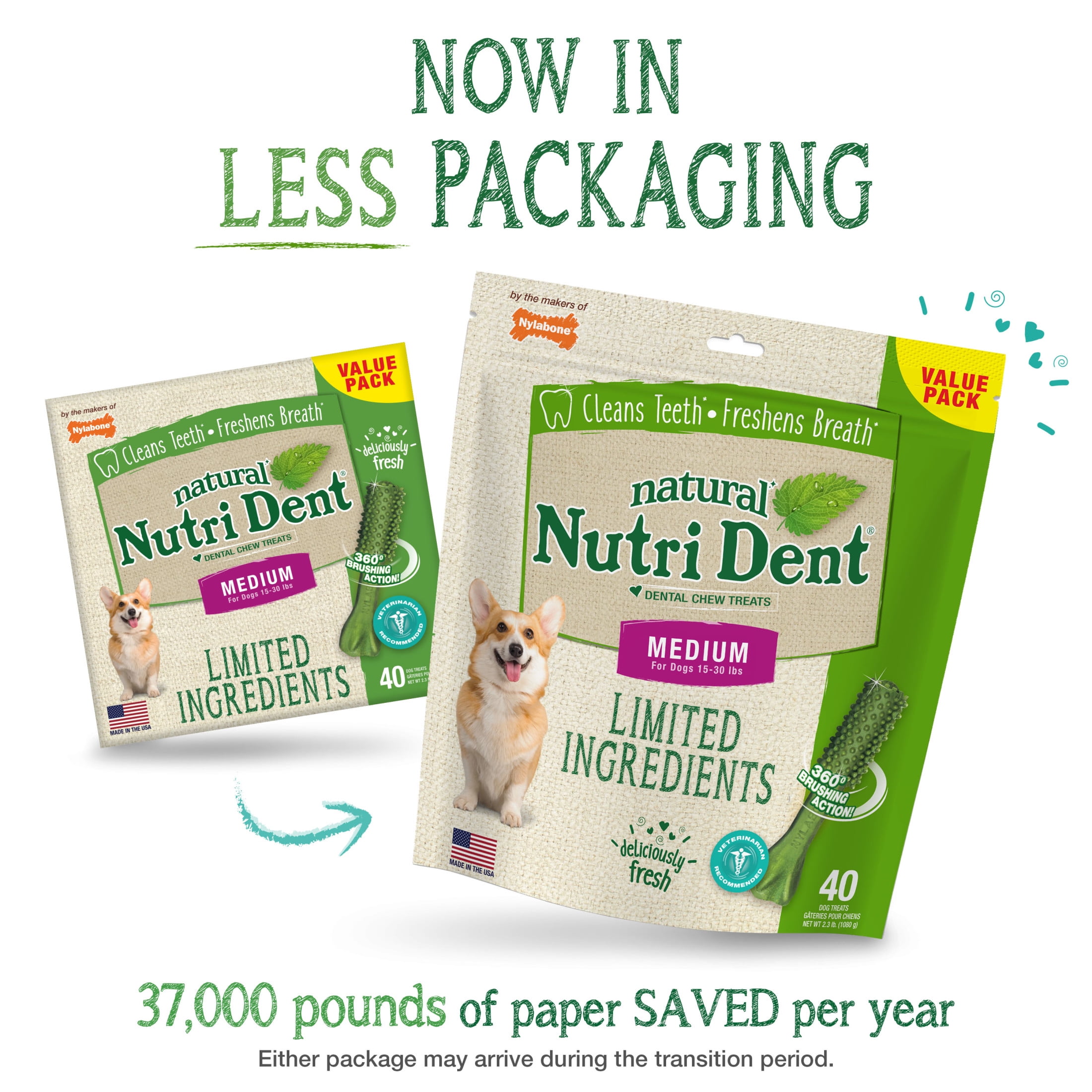 Nylabone Nutri Dent Natural Dental Chews for Dogs, Limited Ingredient Dog Treats, Teeth Cleaning Dental Sticks for Dogs, Fresh Breath Flavor, For Medium Dogs (40 Count)