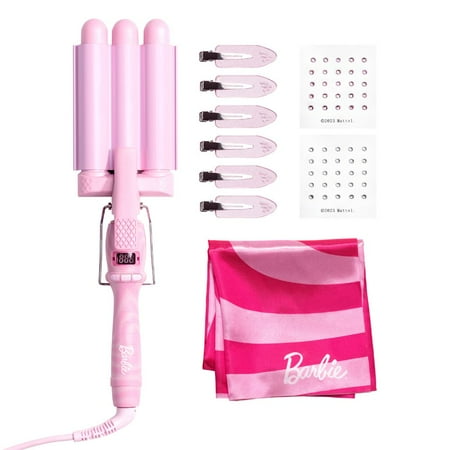 Mermade Hair, Barbie Wavy Kit, Mini Hair Crimping Iron 1", 50 Hair Gems, 6 No Crease Clips, Barbie Head Scarf