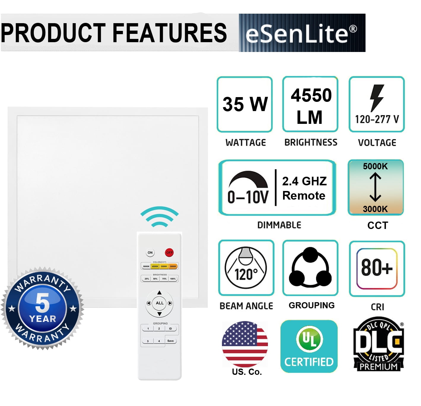 eSenLite 2ft.x2ft. 4200LM LED Commercial Flat Panel Ceiling Light - White (2pcs)