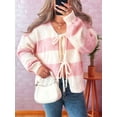 thumbnail image 2 of Women'S Loose Casual V-Neck Long-Sleeved Sweater Jacket Striped Contrast Lace-Up Knitted Cardigan Pink XL, 2 of 8