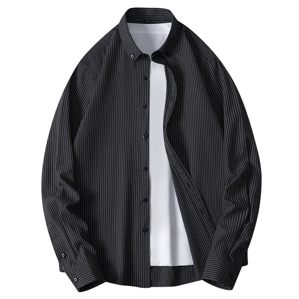 Camisas Hombre Vestir Camisa de moda para hombre, manga larga, tendencia de primavera, camisa a rayas informal para hombre (Black, 3XL)