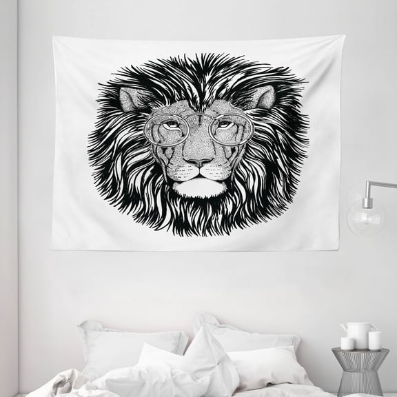Indie Tapestry, Wild Hipster Lion with Glasses Wise Big Cat Clever Intelligent Animal Portrait, Wall Hanging for Bedroom Living Room Dorm Decor, 80W X 60L Inches, Black and White, by Ambesonne