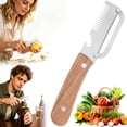 thumbnail image 4 of Handheld Peeler for Vegetables and Fruits Multi-Functional Stainless Steel Kitchen Peeler with Wooden Handle 3-in-1 Peel Shred Slice Scallions Ergonomic Design for Home Cooks and Meal Prep, 4 of 5