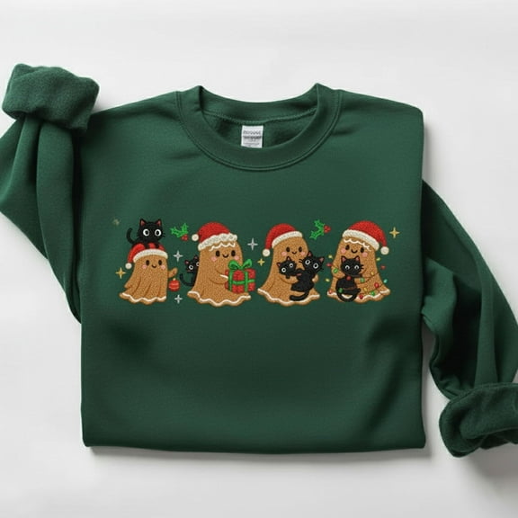 Embroidered Gingerbread Ghost and Cats Family Christmas Sweatshirt, Festive Holiday Hoodie, Cute Xmas Cookie Sweater, Cozy Winter Gift Top