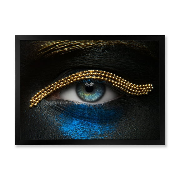 Designart 'Girl Eyes With Gold Chain and Blue Pigment' Modern Framed Art Print