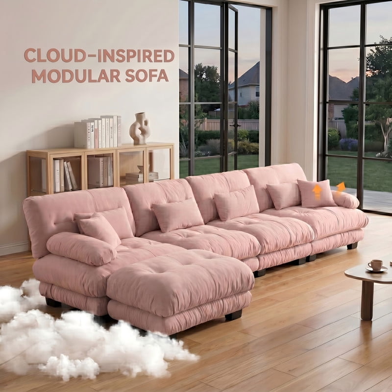 ANPPORT Cloud Couch Sleeper Sofa, Chenille Pink 4-Seater Modular Sofa with 1 Ottomans, 4 Lumbar pillows, 2 Pillows, Comfy Deep Seat Cloud Sofa, Convertible L-Shaped Floor Couch for Living Room