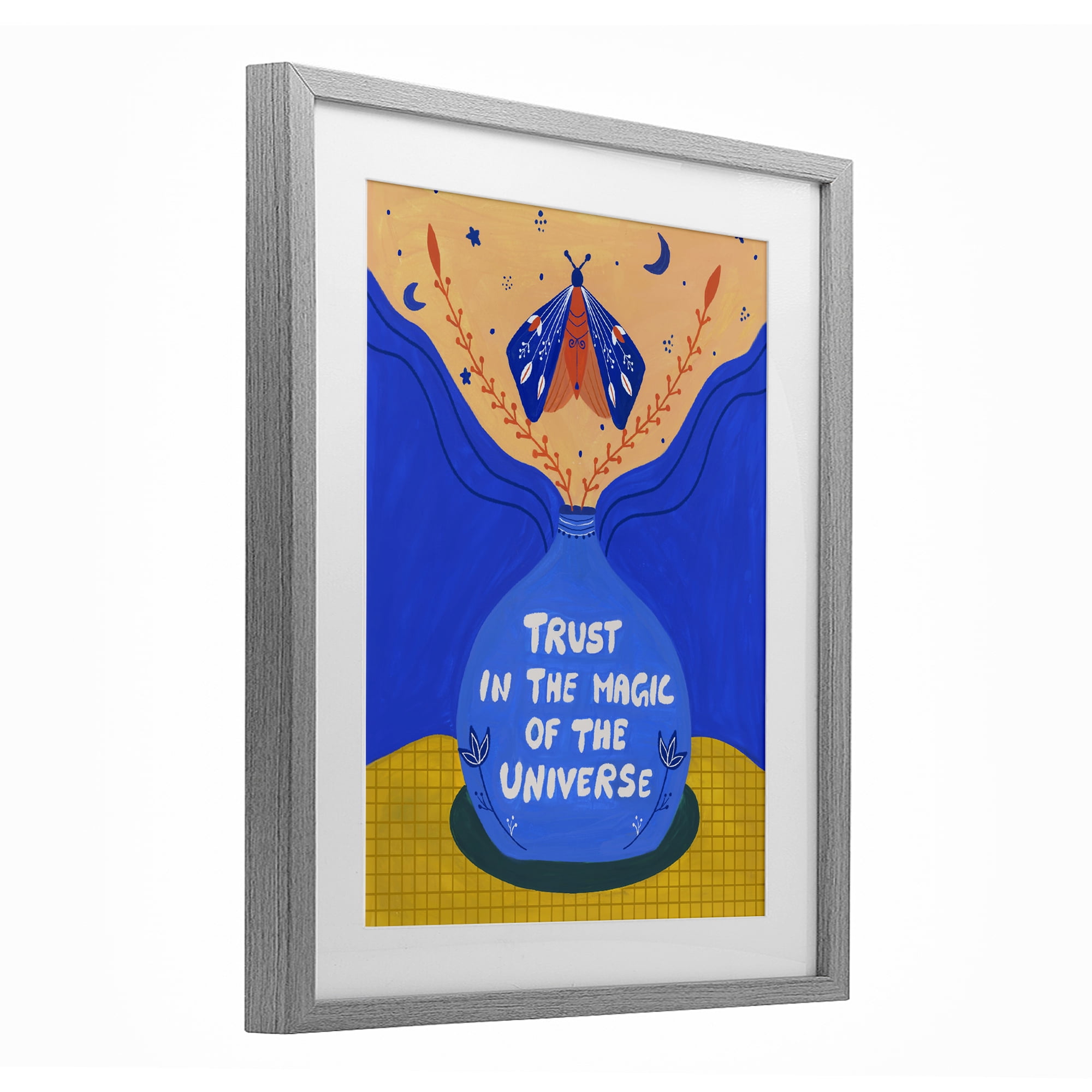 Trust In Magic Of Universe Gray Framed Print Under Glass, design by Nabeela Rumi