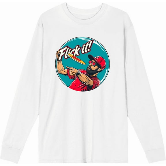 Frisbee Disc Flick It! Adult White Crew Neck Long Sleeve Tee-Medium