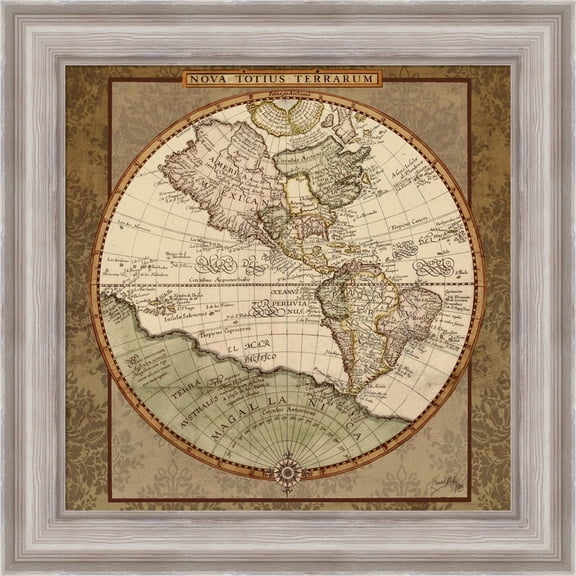 Great Art Now Damask World Map I by Elizabeth Medley, Framed Wall Art, 20W x 20H