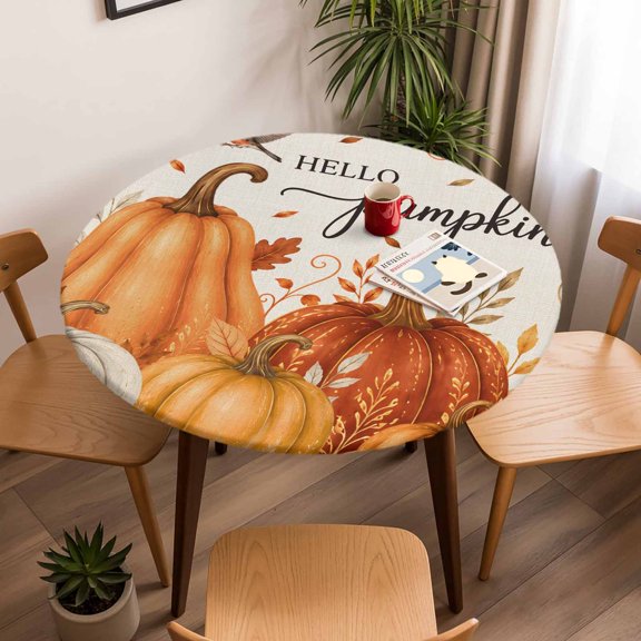Round Fitted Tablecloth with Elastic Edge, Thanksgiving Fall Harvest Pumpkin Waterproof Oil-Proof Table Cover, Autumn Leaves Bird Circle Table Cloth for Indoor Outdoor Picnic Party 36"x44"