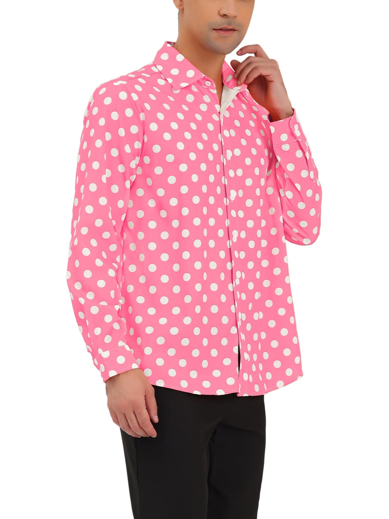 Unique Bargains Men's Long Sleeve Button Slim Polka Dots Shirt 38 Light Pink
