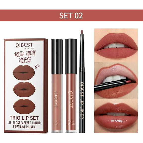 Lip Gloss, Lip Liner, Velvet Lip Glaze Set Long Wear Nude Lip Stain, Double Ended Lip Makeup Kit with Creamy Texture and Plant Oil Infused formula for Comfortable Wear