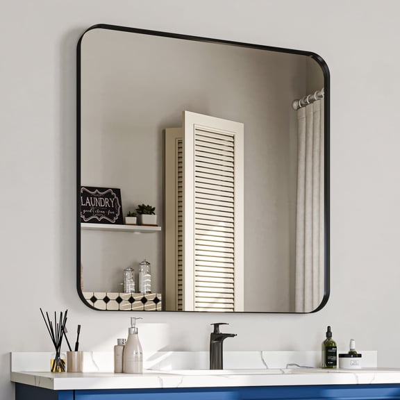 36 in. W x 32 in. H Rectangular Aluminum Framed Wall Bathroom Vanity Mirror in Black