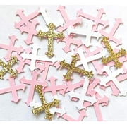 100Pieces 2.5inche Pink Gold White Glitter Cross Confetti,Glitter Religious Party Confetti,Cross Confetti,for Religion, Festival, Wedding, Engagement Baby Shower, Baptism, Girl Birthday Part