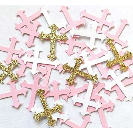 100Pieces 2.5inche Pink Gold White Glitter Cross Confetti,Glitter Religious Party Confetti,Cross Confetti,for Religion, Festival, Wedding, Engagement Baby Shower, Baptism, Girl Birthday Part