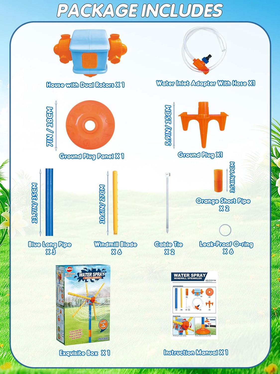 Yippzo 55" Windmill Water Sprinkler for Outdoor Yard, New Double-Sided with 6 Blades, 54 Spray Nozzles, 360° Spining Splash Summer Fun Play