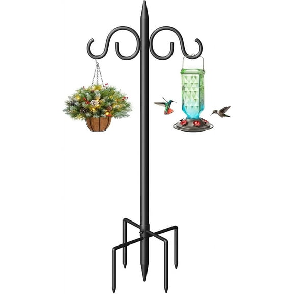 Double Shepherds Hooks for Outdoor, 108 Inch Heavy Duty Bird Feeder Pole with 5 Prongs Base, Adjustable Shepherds Hook for Bird Feeder, Garden, Weddings, Hanging Plant, 1 Pack