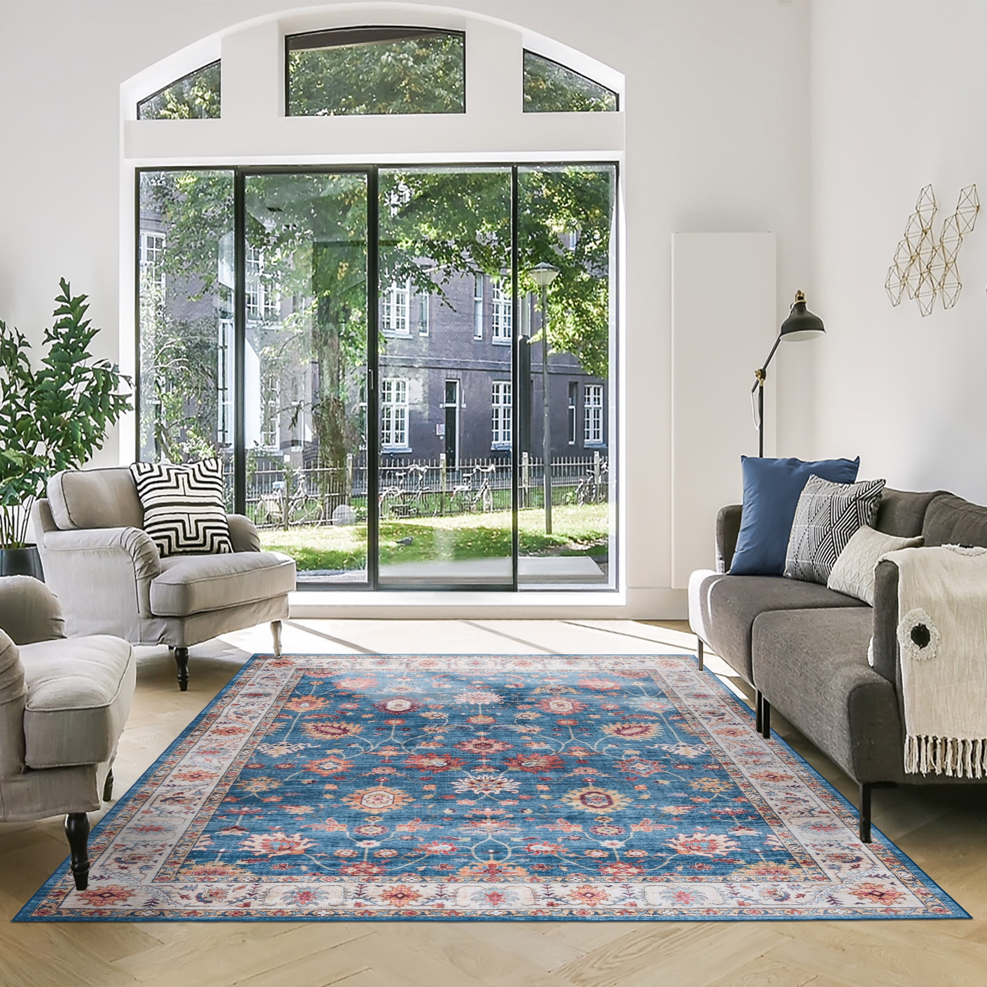Crystal Print Cullen Traditional Oriental Blue/Tan Washable Indoor Area Rug, 5x7