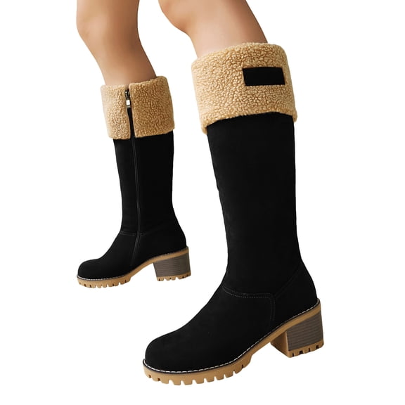 Winter Snow Boots for Women Zip up Suede Fuzzy Warm Mid Calf Booties Lug Sole Stacked Heel Casual Knee High Boots