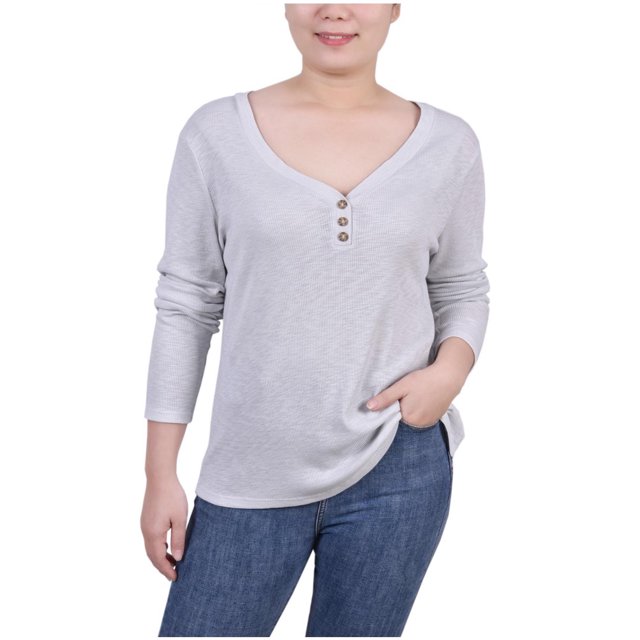 NY Collection Womens Ribbed Henley Shirt, ltpasgry, Petite, PXL