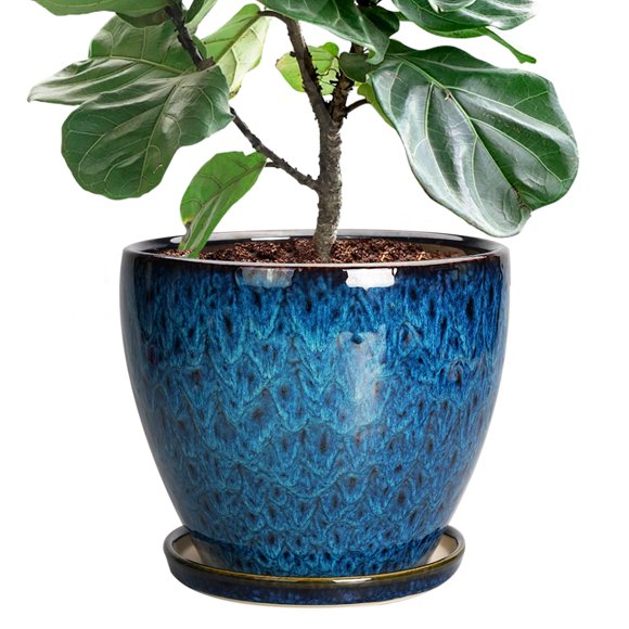 EPFamily 10 inch Peacock Blue Large Ceramic Planter with Drainage Hole & Saucer, Floor Standing Indoor Plant Pot for Tree Home Condo Decor