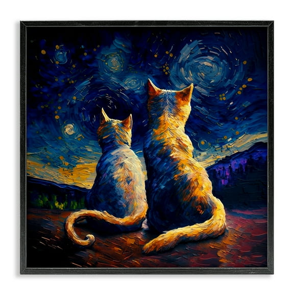Stupell Industries Swirled Night Sky Cats Animals Painting Black Framed Art Print Wall Art, 12 x 12