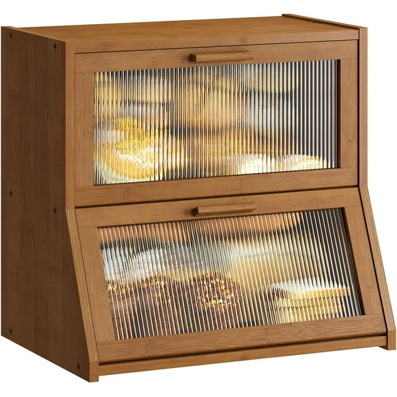 Double Layer Bamboo Bread Box for Kitchen Counter,Large Capacity Bread Storage Bin,Bread Container with Acrylic Wavy Door Panel (Brown, Extra Large)