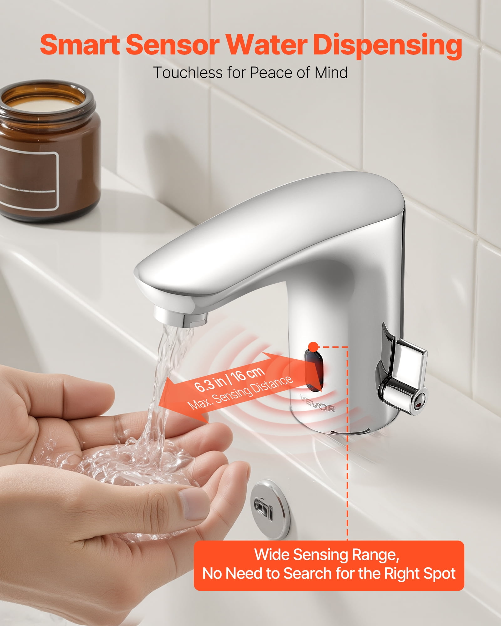 VEVOR Touchless Bathroom Sink Faucet, Automatic Motion Sensor Restroom Toilet Faucet, HandsFree Adjustable Cold Hot Single Handle Water Mixer Battery Operated for 9/16 in Pipe,Chrome Plated Silver