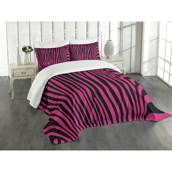 Ambesonne Pink Zebra Quilted Bedspread Set 3 Pcs, Animal Boho, King Size, Hot Pink Black