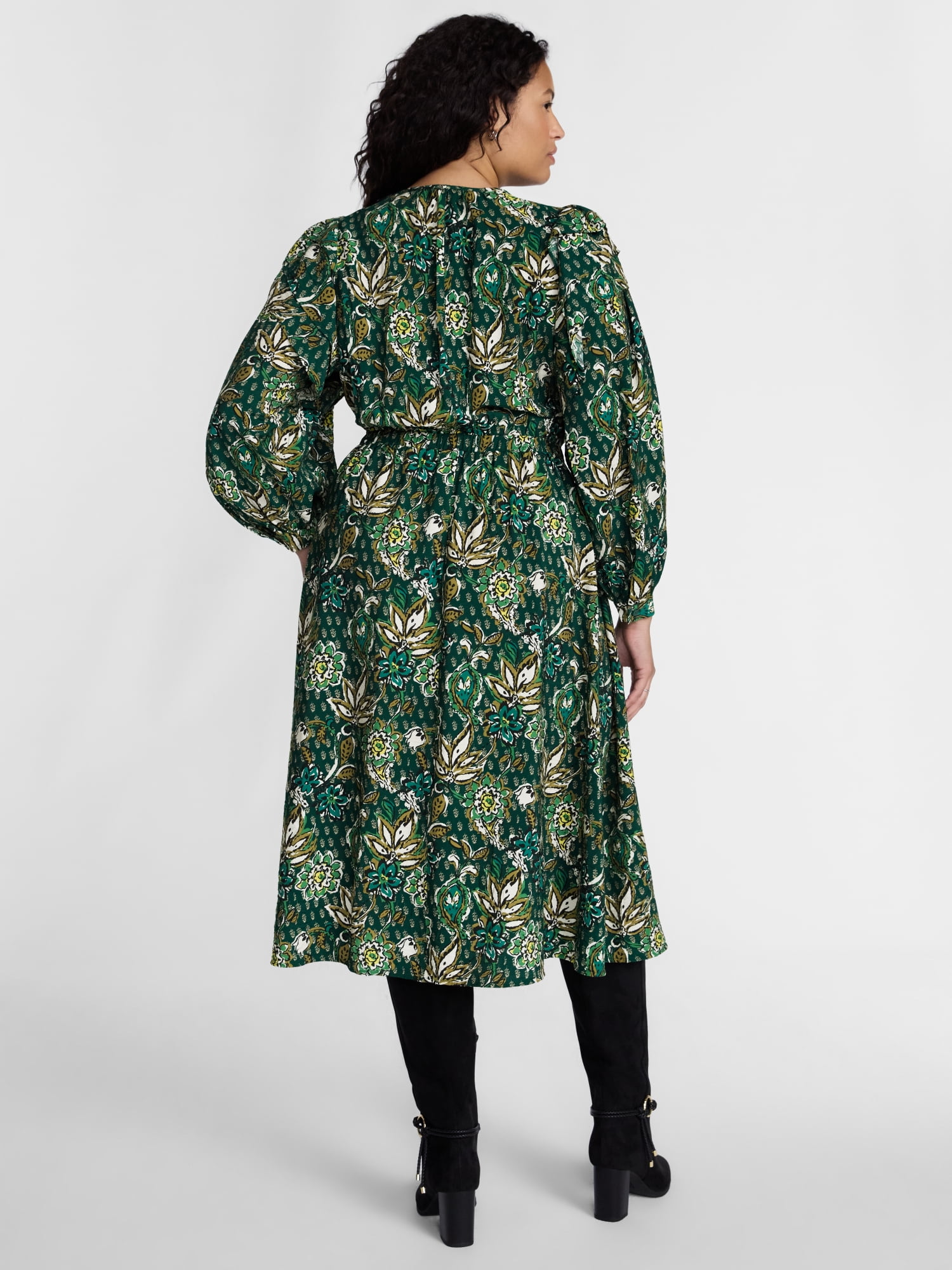 Terra & Sky Women’s Plus, Ruffle Puff Sleeve Midi Dress, Sizes 0X-5X