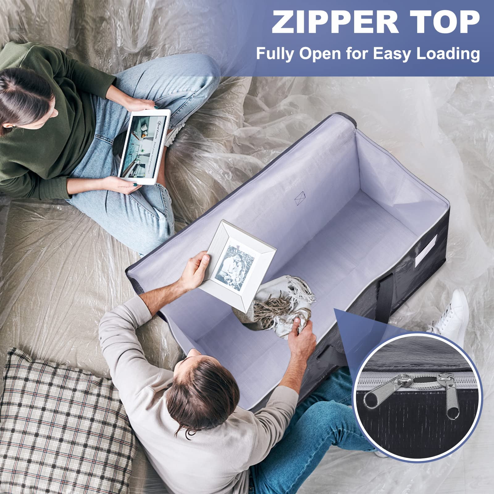2 Pack Totes for Storage Large Moving Bags Heavy Duty ，Moving Boxes with Zippers Top and Sturdy Handles, Dorm Storage Bags for Space Saving and Packing,Collapsible Moving Supplies(Gray,93L)