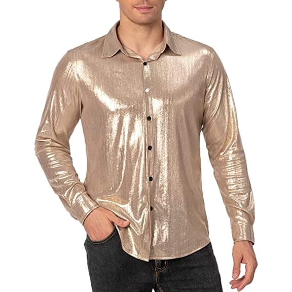 XIAONU Mens Metallic Shiny Button Up Shirt Long Sleeve Collared Pullover Blouse Lightweight Disco Party Night Out Tops