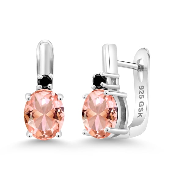 Gem Stone King 925 Sterling Silver Peach Nano Morganite and Black Diamond Earrings for Women (4.13 Cttw, Gemstone October Birthstone, Oval 9X7MM)