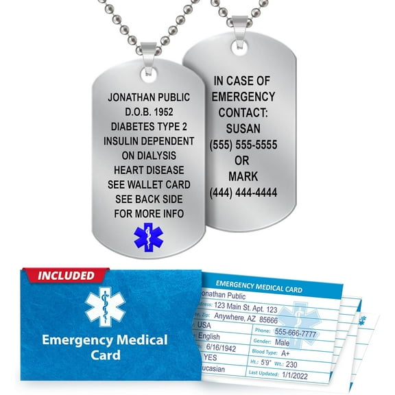 Medical Alert Dog Tags Necklace for Men - Customizable Laser Engraved 18 Lines, Stainless Steel Beaded 27” Chain with Emergency Medical Card & Personal Health Record Access