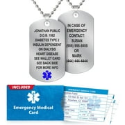 Medical Alert Dog Tags Necklace for Men - Customizable Laser Engraved 18 Lines, Stainless Steel Beaded 27 Chain with Emergency Medical Card & Personal Health Record Access