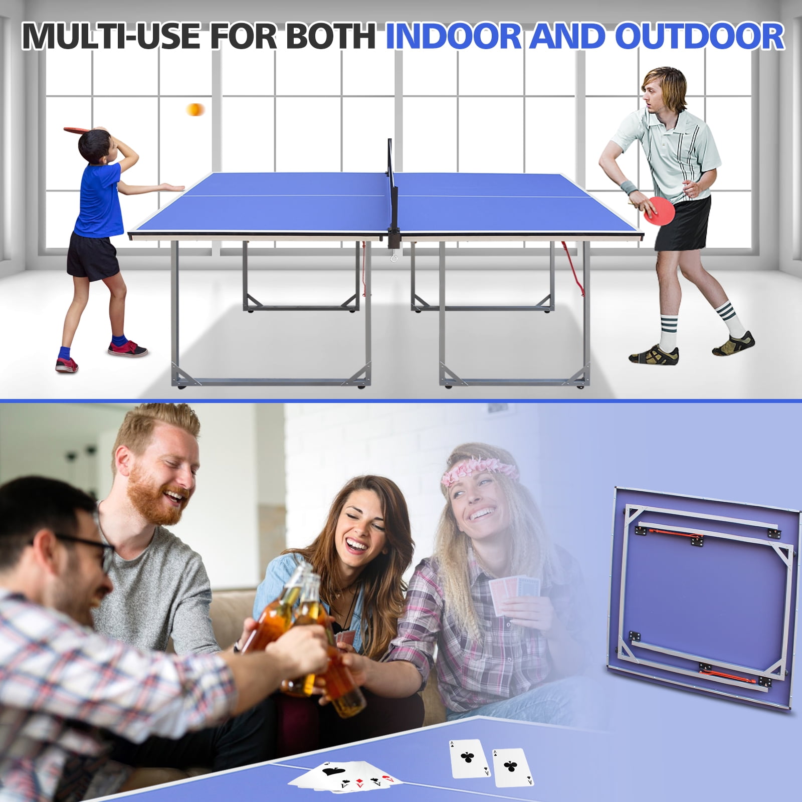 HooKung 6ft Foldable Table Tennis Table Set, Mid-Size Ping Pong Table Portable Table Tennis Game Set with Accessories