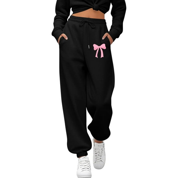 TrendOFT Baggy Sweatpants for Women Bow Graphic Cute Loose Fit Joggers Pants for Workout Gym Athletic Wide Leg Lounge Sweat Pants with Pocket Black L
