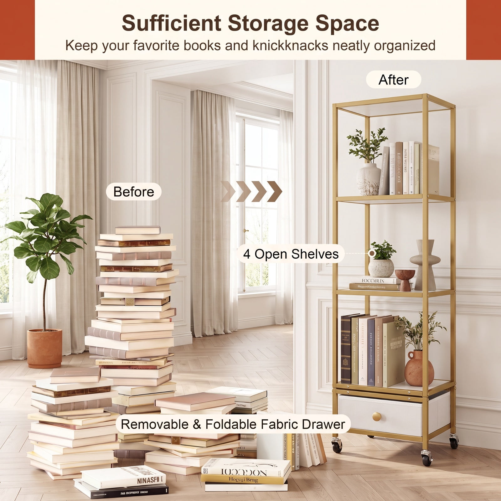 Furnibear 4-Tier Rotating Bookshelf on Wheels with Removable Drawer for Living Room Home Office Bedroom Display Storage Shelf, White