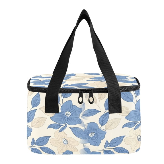 6L Insulated Lunch Bag Square Handheld Cooler Tote Beige Blue Floral Print Reusable Thermal Bag with Polyester & Aluminum Lining for Work Picnic Travel