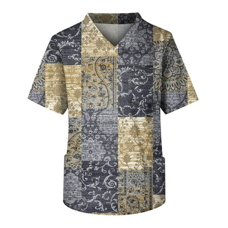 

Umitay Scrubs Men Men s Short Sleeve V Neck VintagePrint Chest Pocket Carer Top