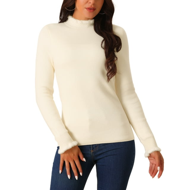 INSPIRAR CHIC Suéter de manga larga con cuello alto y puños esponjosos para mujer, casual, ajustado, talla L, color albaricoque