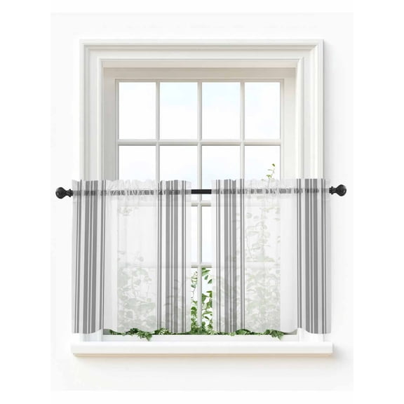 Grey Striped Tier Curtains 24 Inch Length,Sheer Curtains for Bedroom Living Room Window Modern White Striped Abstract Art Aesthetics Small Half Window Kitchen Curtains & Drapes 27.5"x24" 2 Panels