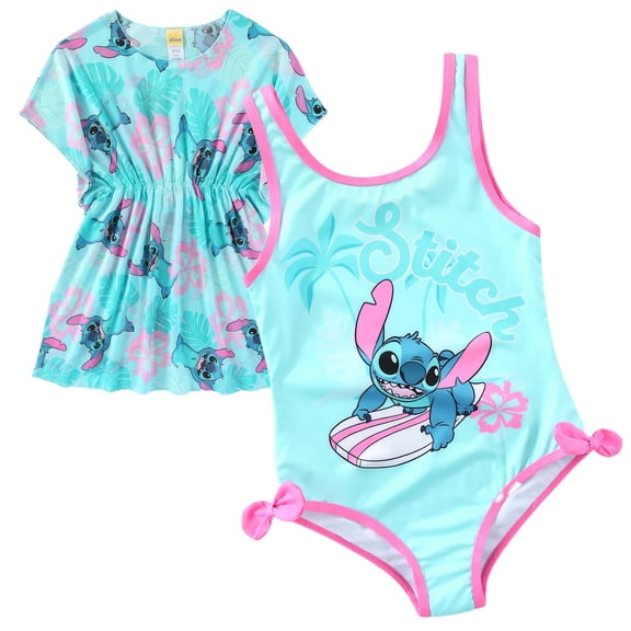 Disney Lilo & Stitch UPF 50 One Piece Bathing Suit with Mesh Cover-Up Beach Robe (Girls), 2 Piece Set, Sizes 4-12