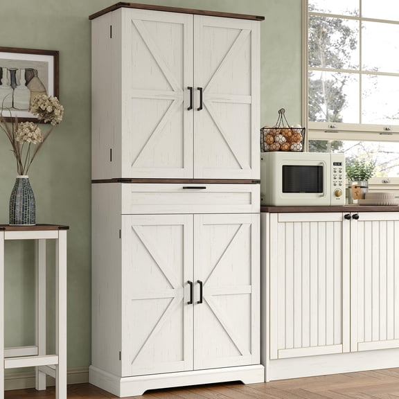 Tall 72 Inch Kitchen Storage Cabinet, 8 Door Shelves 2 Cabinets 1 Drawer Pantry Cupboard, Perfect for Dining Room Bathroom Laundry Room Storage, Off White