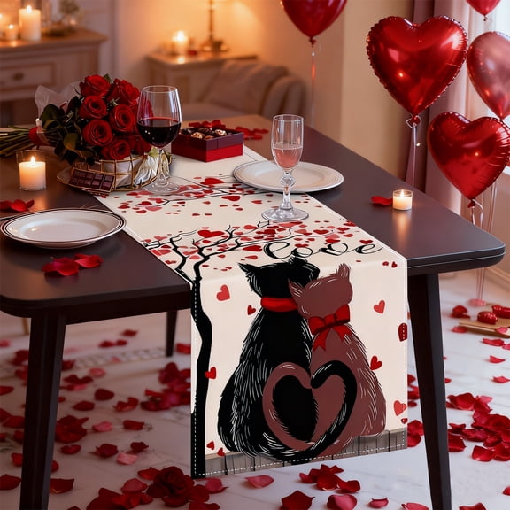 Valentine’s Day Table Runner 33x183cm, Cat & Heart Tree Print, Romantic Love Decor for Dining Table