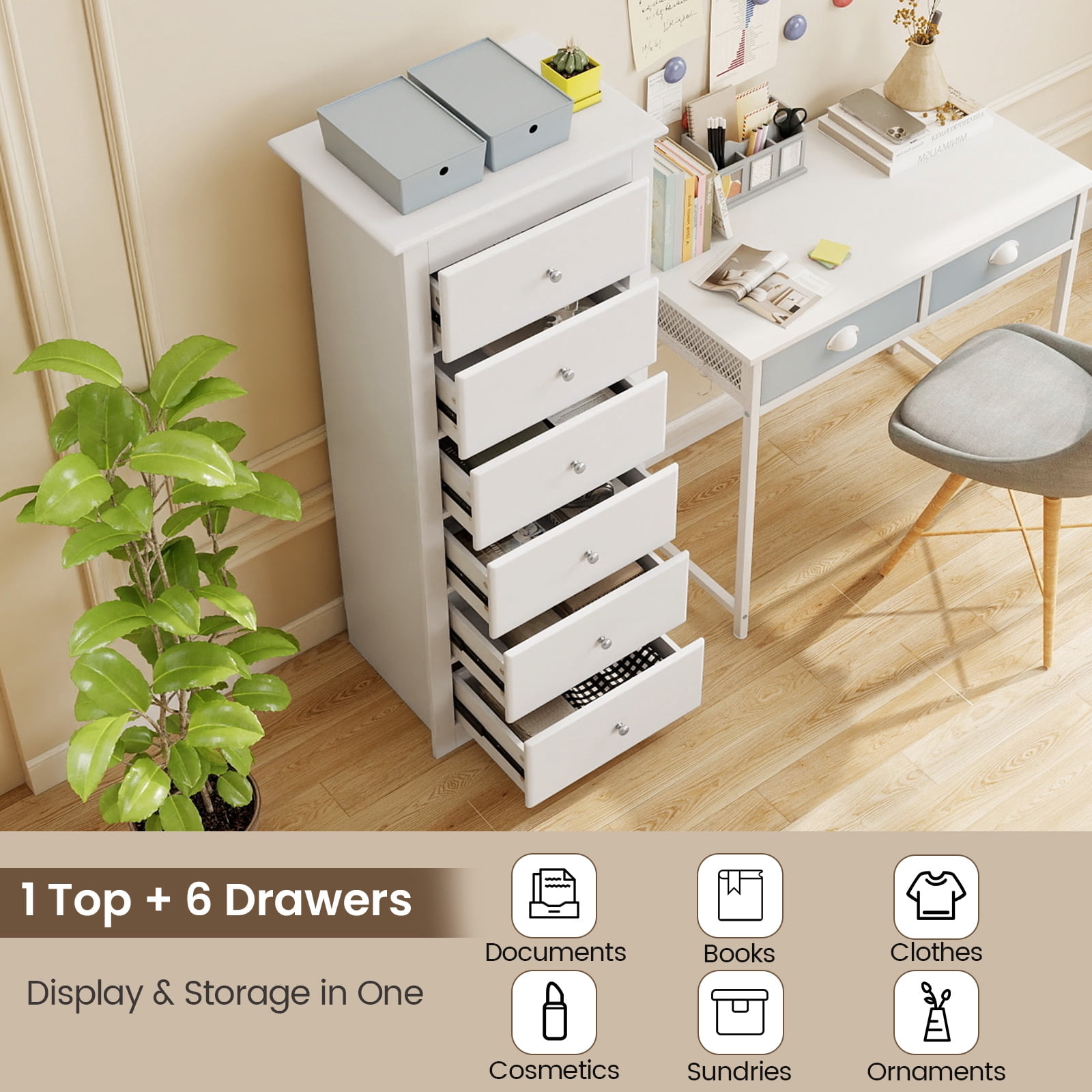 Giantex 6 Dresser Chest, Free Standing Wooden Storage Cabinet, Tall Dresser Clothes Organizer, White