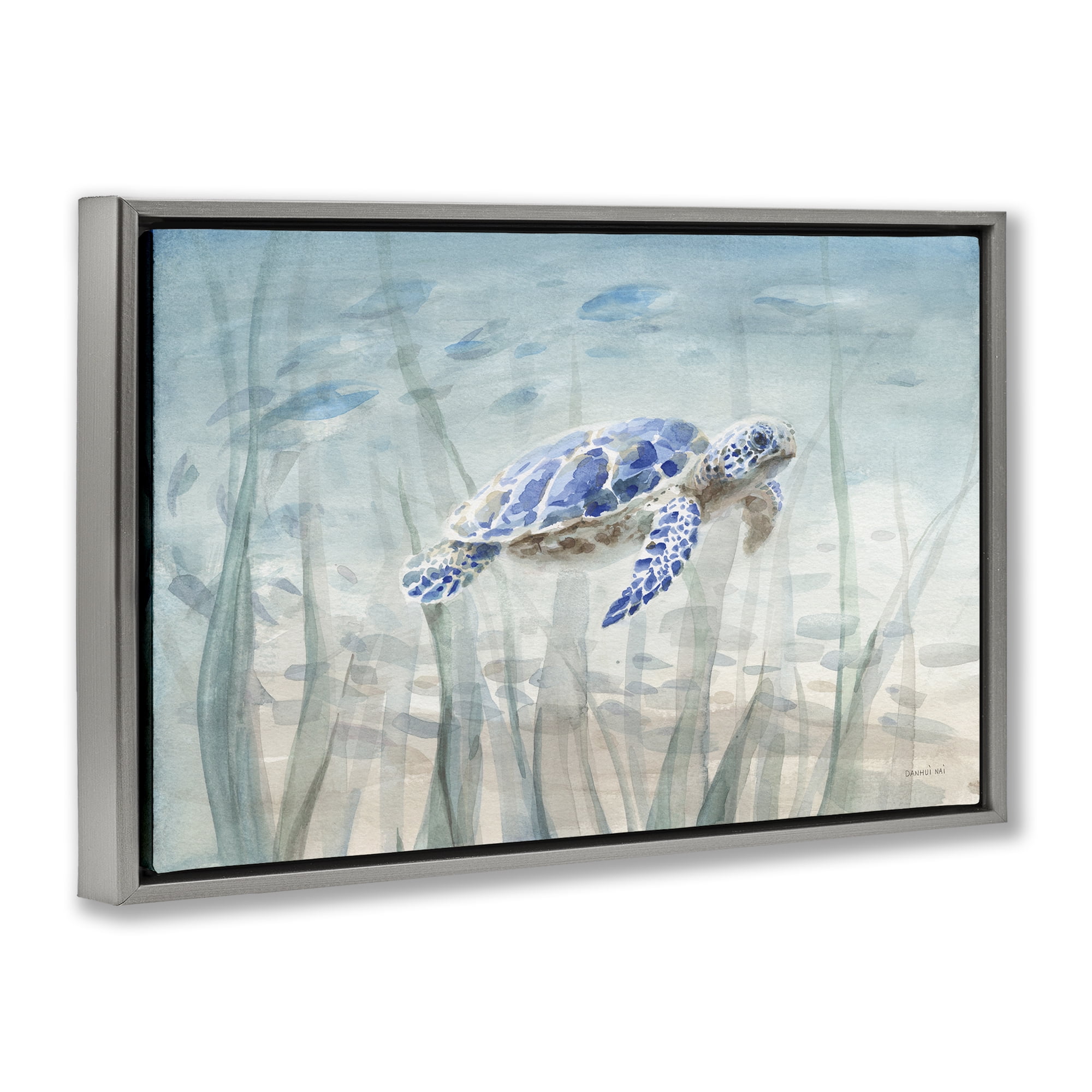 Stupell Industries Undersea Turtle Swim Animals Painting Gray Floater Framed Canvas Art Print Wall Art, 31 x 21